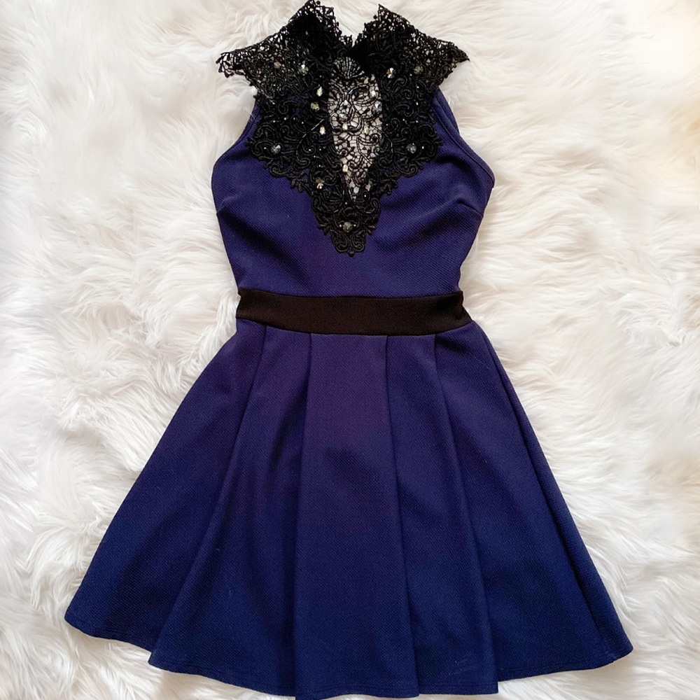 Blue and black high neck skater dress